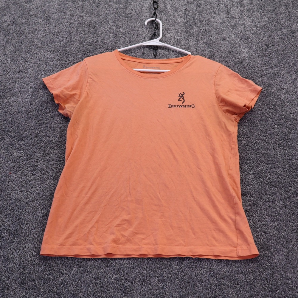 Browning T Shirt Womens Large Orange Buckmark Camo Heart Graphic